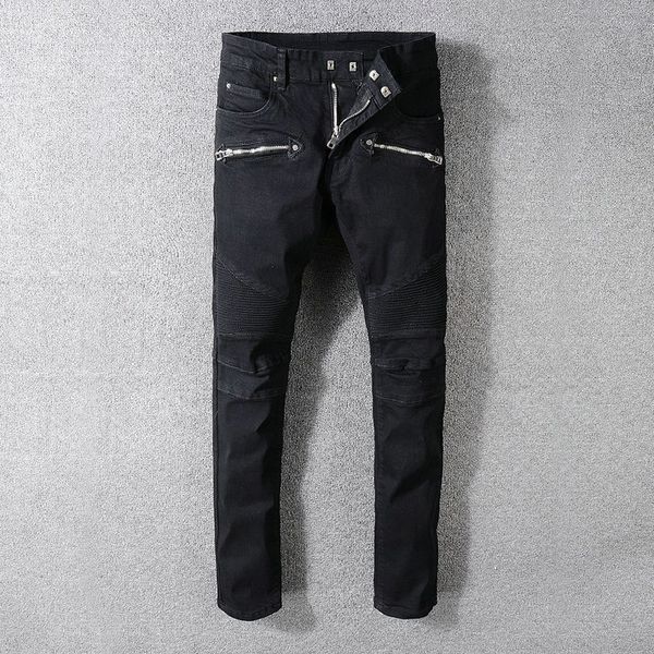 

new fashion men holes jeans men runway biker designerjeans man straight slim denim casual trousers, Blue