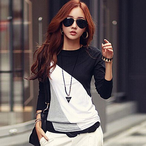 

women's fashion long sleeve t-shirts o-neck mixed color shirt tee 8vce5, White
