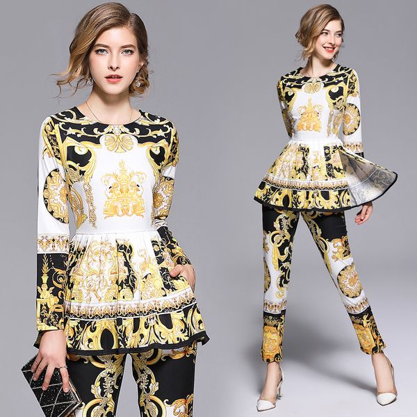 

2019 spring summer fall runway 2 piece womens sets retro vintage print crew neck long sleeve shirt blouse pant suits outfits, White