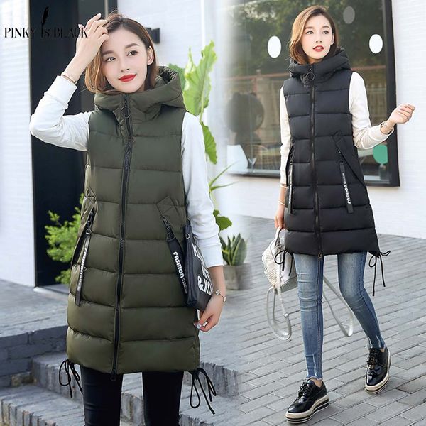 

pinkyisblack autumn winter vest women waistcoat 2018 female sleeveless vest jacket hooded warm long coat colete feminino, Black;white