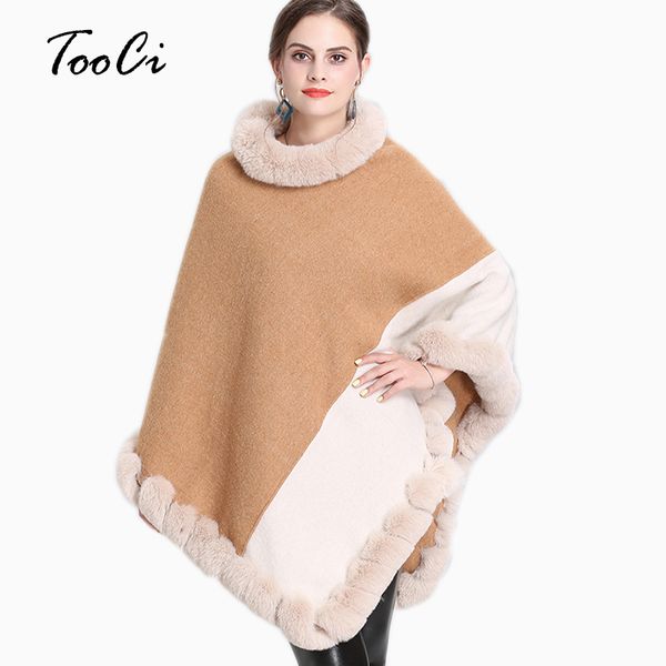 

women autumn winter faux fur bat sleeve camel ponchos and capes round-neck knit splice sweater and pullovers faux fur coat, Black