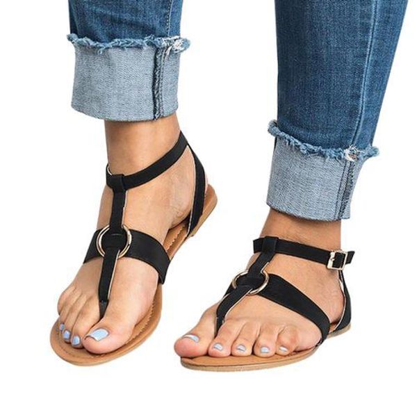 

2019 summer new style flat split toe buckle low-cut large size women's sandals 34-43, Black