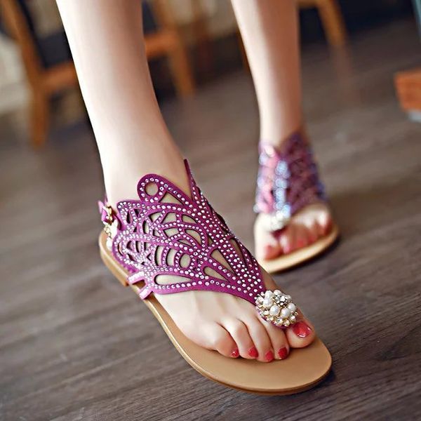 

2020 new rhinestone sandals women's summer new beach shoes sweet beaded pearl flowers flats, shoes woman size 35-39, Black