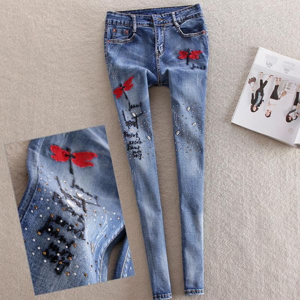 

embroidery new diamond sequined jeans feet jeans woman, Blue