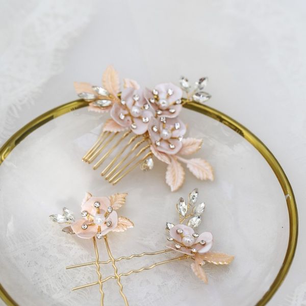 

vintage floral hair pins bridal comb crystal leaf women headpiece handmade wedding prom accessories hair piece, Golden;white