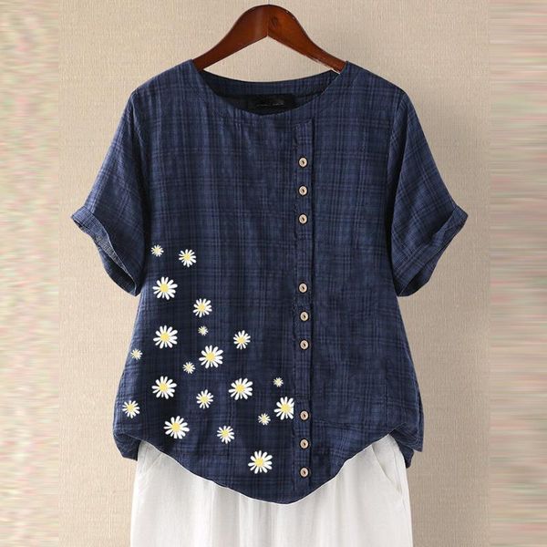 

women plus size blouse daisy floral print patched short sleeve o-neck tee shirt blouse ropa mujer, White
