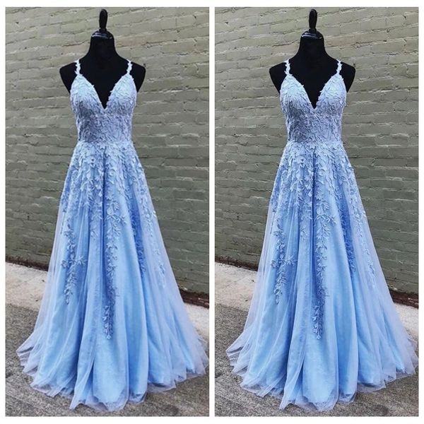 

spaghetti straps tulle blue formal dresses a-line appliques floor length lace prom dress lace up back reception dress for bride, Black