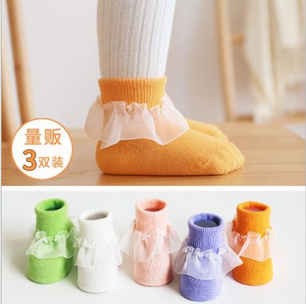

3pairs/lot autumn and winter new baby socks double needle lace girls socks solid color combed cotton children, Pink;yellow
