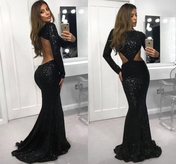 Modest Sexy Black Lantejoulas Vestidos de baile 2021 Mermaid Longo Manga Formal Vestidos Especial Ocasião Vestidos Longo Salau Bateau Laterais