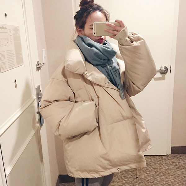 

ewq]sweet long sleeve minimalist bomber oversize thick warm women winter coat korean trend ladies black down jacket qk96912, Tan;black