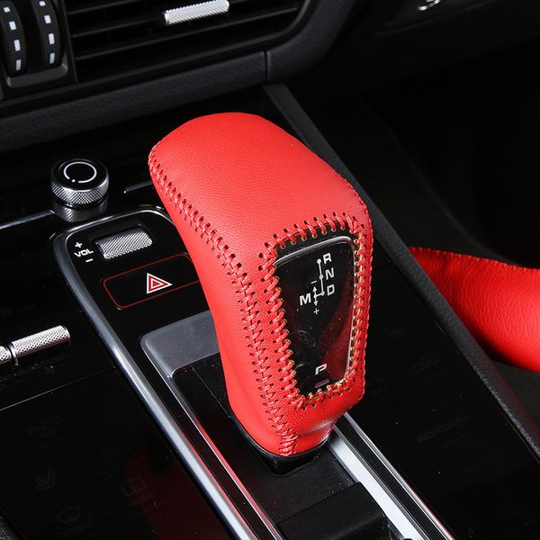 Genuine Leather Car Gear Shift Knob Cover Protection Case For Porsche Cayenne 2018 Interior Styling Accessories Hand Sewing Unique Gear Shift Knobs