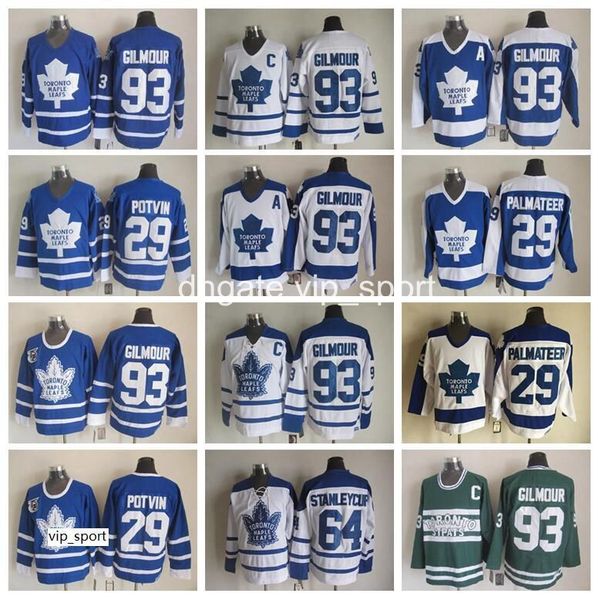 

29 mike palmateer jersey men 93 doug gilmour 64 stanleycup 29 felix potvin vintage toronto maple leafs hockey jerseys blue white, Black;red