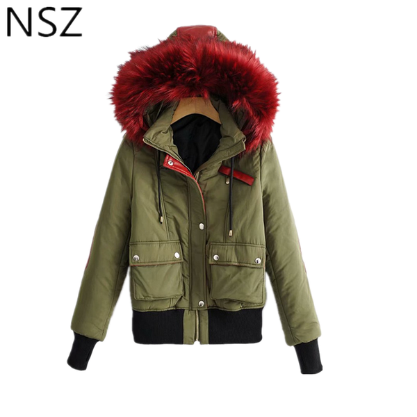 

nsz woman army green large raccoon fur collar hooded bomber jacket coat parka 2019 winter new arrival warm thick quilted outwear, Black