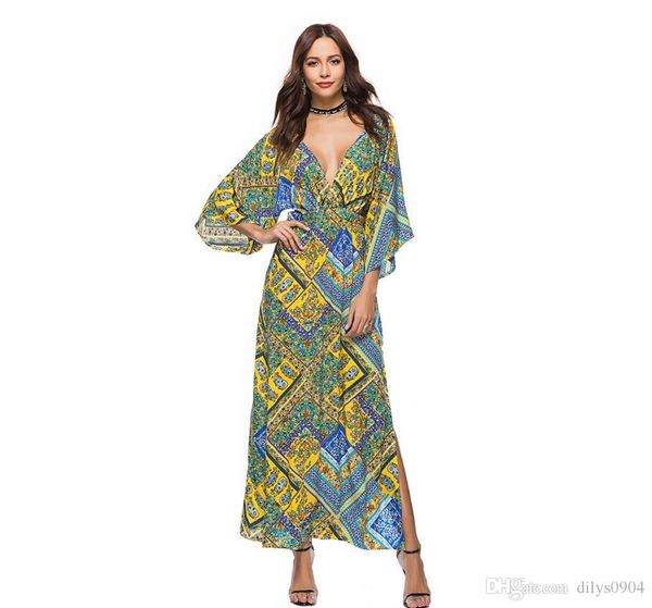 

new woman fashion women's clothing backless frenulum sellers three quarter sleeve original wholesale fork opening printing dress, Black;gray