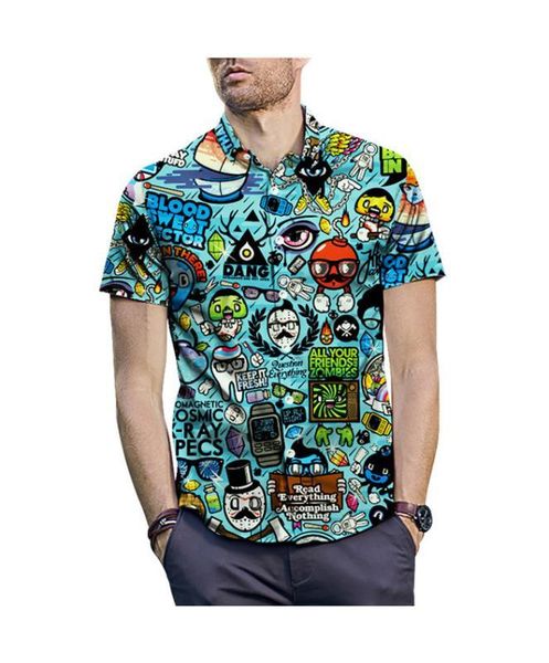 

shirt 3d cartoon pictures short sleeve fashion homme casual lapel neck tshirt mens casual print, White;black