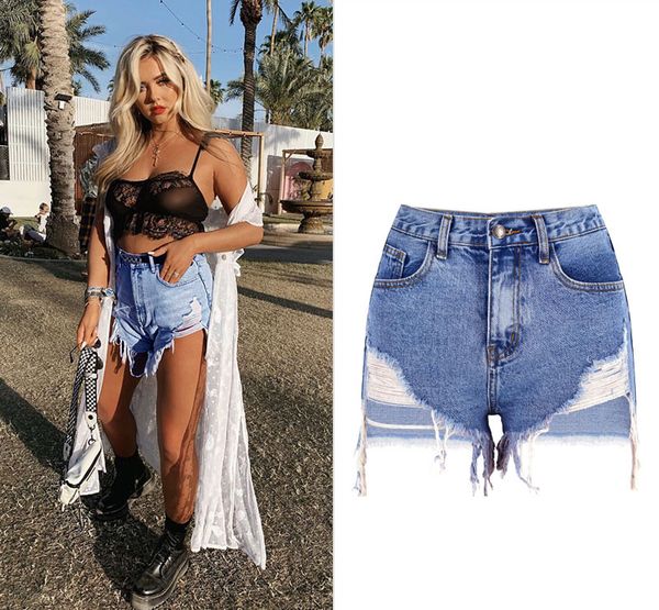 

luxury women's jean new summer fashion high-waisted, shapely, washed, irregularly worn, run-down, street style denim shorts size : s- 2, Blue