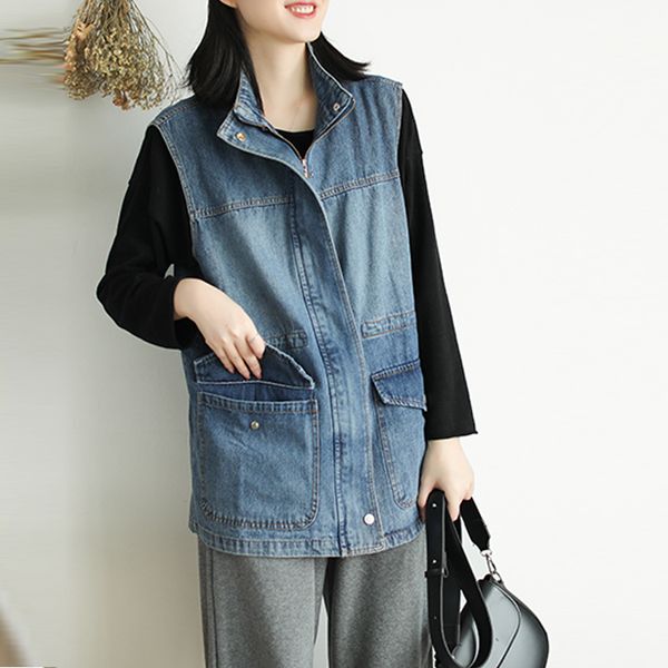 

new loose fashion solid color sleeveless cardigan denim vest coat 2019 autumn all-match comfortable women retro vest, Black;white