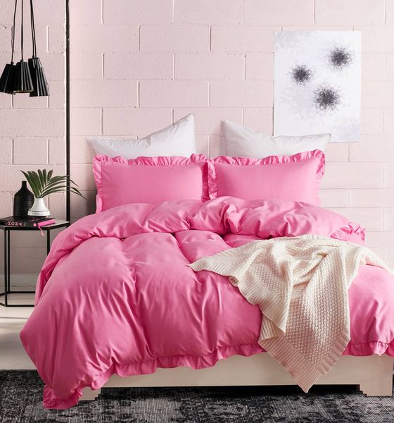 

holiday gift solid color dark pink girl flounced bedding duvet cover set+pillow case sham us twin  king size