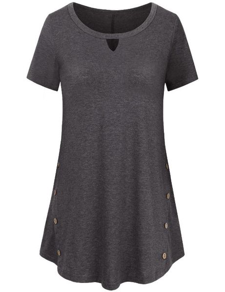 

women's t-shirt 2021 summer women round collar short sleeve side button casual in medium length comfortable, White