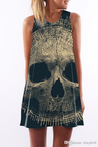 

women dress summer crew neck sling sleeveless hip wrap lady digital printing human skeleton skirt casual pencil dresses size s-xl, Black;gray