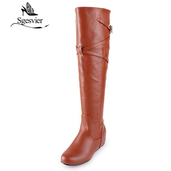 

sgesvier women boots 2017 winter new dress casual knee-high round toe long boots buckle height increasing lady shoes 30-47 ox097, Black