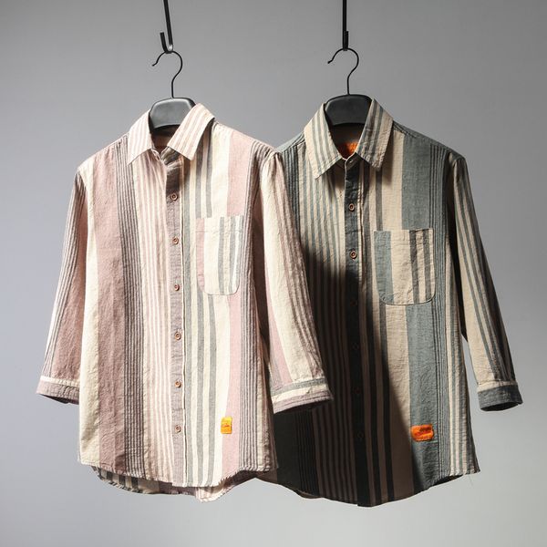 

stripe cotton linen mens shirts three quarter sleeve button pocket japanese casual vintage blouse camisas hombre yt80235, White;black