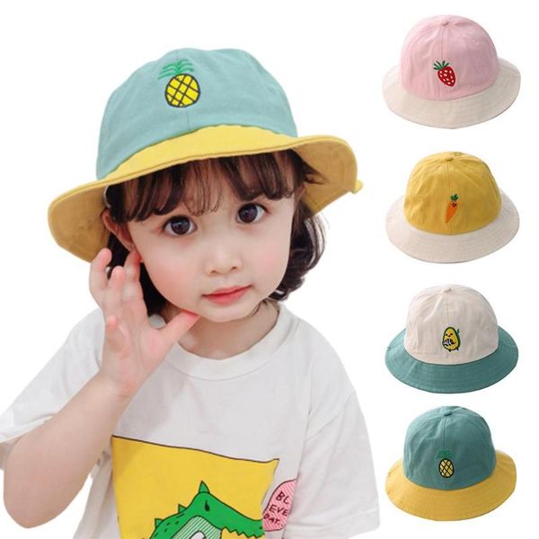 

kids color block fruit pattern fisherman hat outdoor anti-uv bucket cap, Blue;gray