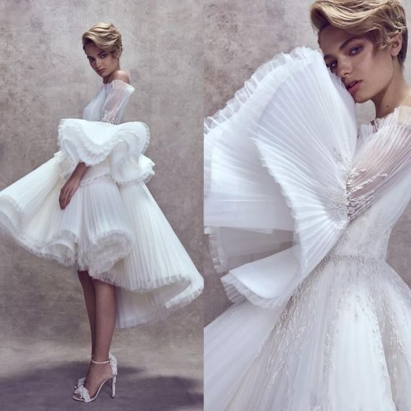 

ashi studio 2019 boho short wedding dresses high low lace appliqued off the shoulder ruffles custom made bridal gowns vestido de novia, White