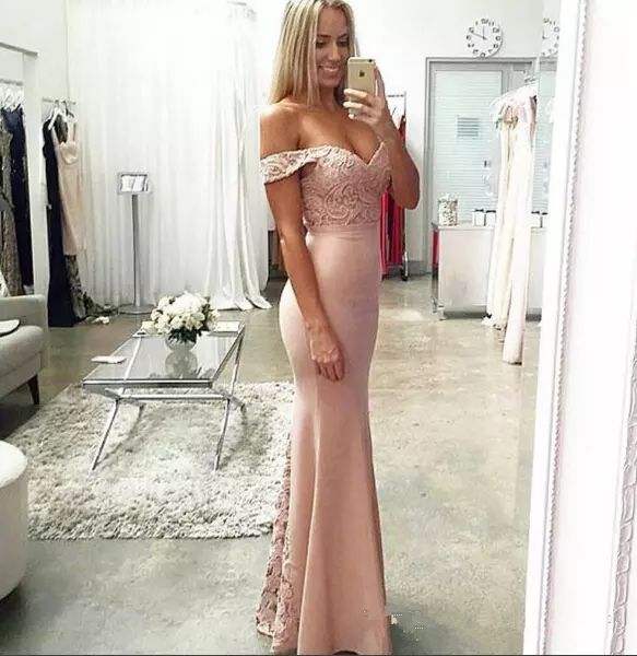 

off shoulder lace mermaid slim bridesmaid dresses backless lace appliqued maid of honor gowns long prom formal evening party gowns, White;pink