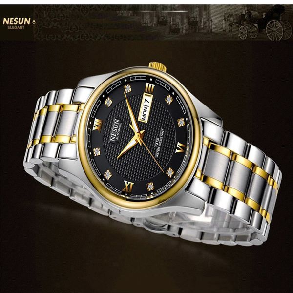 

nesun new watch automatic mechanical watch fashion luminous stainless steel men's waterproof large dial clock, Slivery;brown