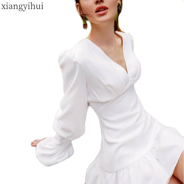 

long sleeve white ruffle mini dress for ladies solid green v-neck slim a line dress female women's temperament dresses, Black;gray