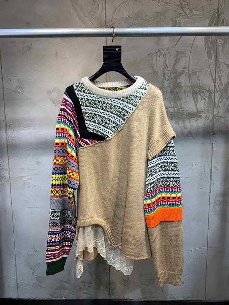 

2019 new ladies fashion long-sleeved stitching lace contrast print 0915, White;black