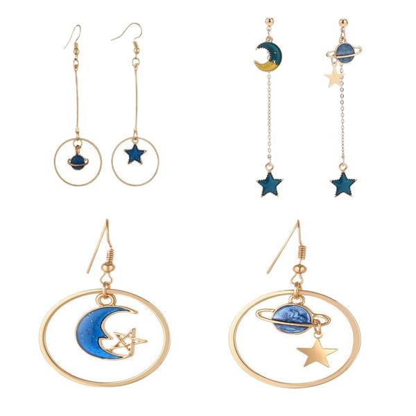 

enamel moon star earth planet drop hook earrings long pendant dangle jewelry for women girls (earrings set, Silver