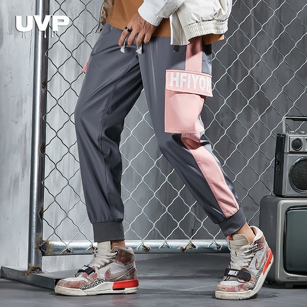 

mens sport pants streetwear joggers track pants hip hop mens cargo fashions men elastic waist side pockets male trousers, Black