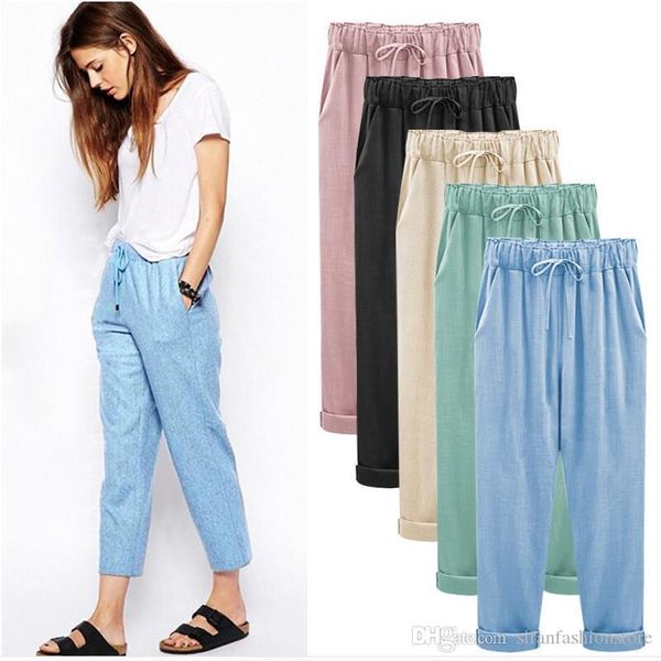 

plus size women linen cotton pants casual harem pants with with drawstring harajuku candy color pants ankle-length capris trousers, Black;white