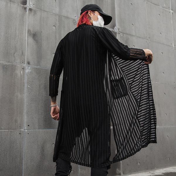 

men striped casual shirt outerwear jacket streetwear punk gothic hip hop long shirt cardigan coat male perspective robe, White;black