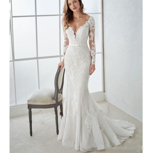 

2019 New Mermaid Bridal Gowns Long Sleeves Deep V Neck Country Garden Wedding Gowns Custom Made Sweep Train Plus Size Wedding Dresses