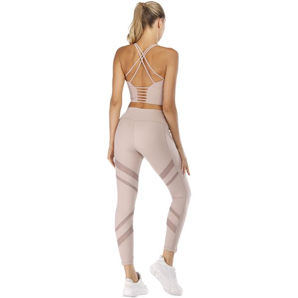 

women yoga set thin shoulder strap back cross sports bra yoga mesh stitching skinny pants gym leggings fitness workout, White;red