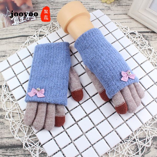 

winter touch screen wool girl gloves female new double velvet thick warm students riding knitted gloves jooyoo, Blue;gray