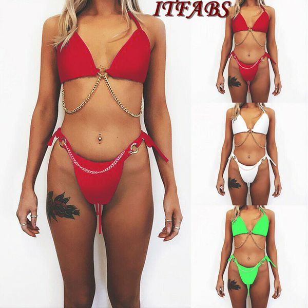 

women push up chain bikini set bra padded swimwear bandage lady swimsuit solid bathing suit beachwear bandage tied bikini female