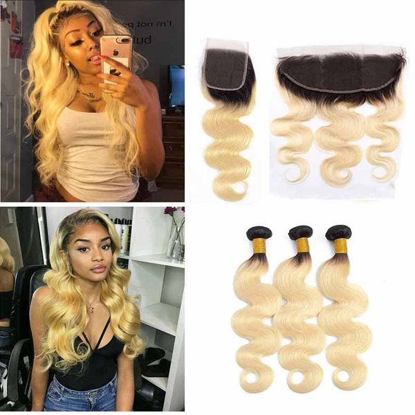 

1b 613 brazilian body wave remy hair extensions with frontal closure hair bundles with closure body wave hair 3 bundles with closure, Black