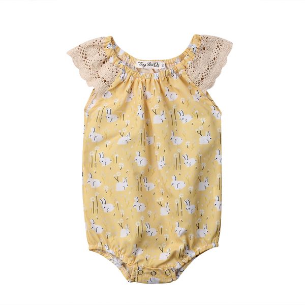 

для девочки bodysuit гофрированных кружев рукава кролика печать bodysuit, Blue