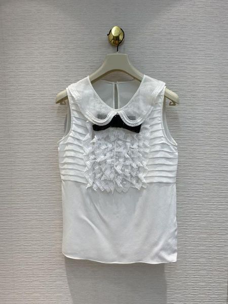 

2020 summer women bow lace silk shirt female sleeveless blouse tclai, White