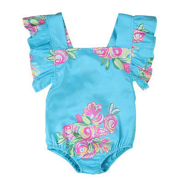

toddler newborn infant baby girl bodysuit summer ruffled backless floral bodysuits jumpsuit clothes outfits 0-24m, Blue