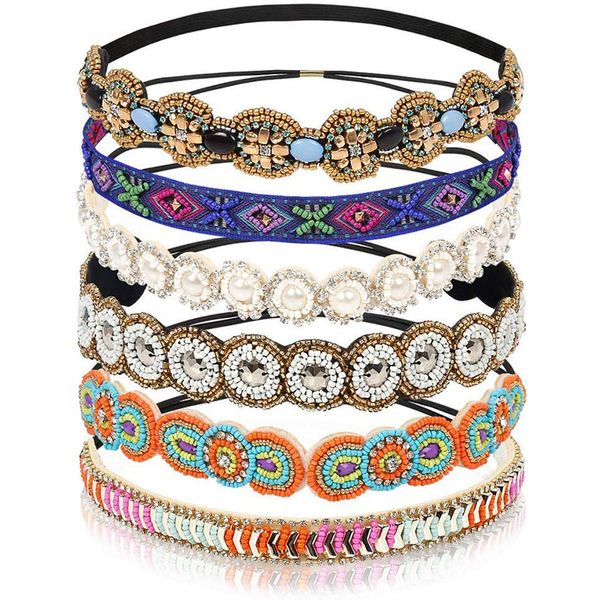 

elastic rhinestone beads ladies handmade headbands vintage crystal hair jewelry accessories for women colorful outdoor headwrap, Golden;white