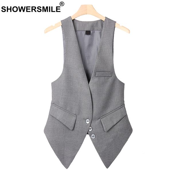 

showersmile grey plus size sleeveless vest women autumn slim fit waistcoat with pockets fashion women suit vest chalecos mujer, Black;white