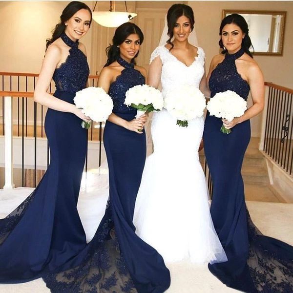 

2020 dark navy bridesmaid dresses mermaid halter neck with lace maid of honor gowns sleeveless long formal wedding guest dresses custom, White;pink