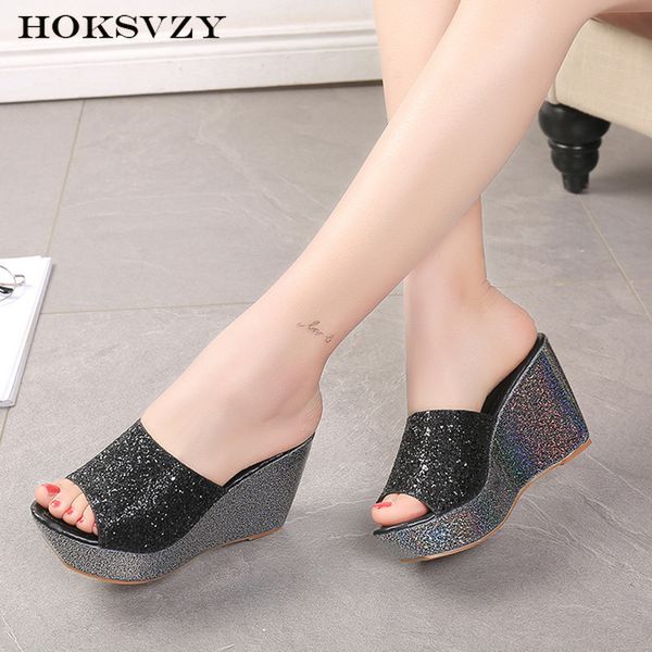 

hoksvzy блестками клин тапочки женщин толстой подошве сдобы сандалии тапочки туфли на высоком каблуке свободного покроя нескользящей обуви s, Black