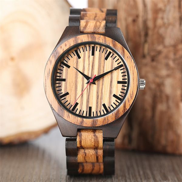 

brown stripes ebony wood watch men quartz timepiece folding clasp full wooden watch band minimalist round dial men's reloj, Slivery;brown