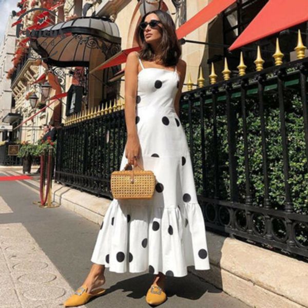 

2020 womens girls white spaghetti strap boho long dot dress high waist ladies club wear evening party beach sundress, Black;gray